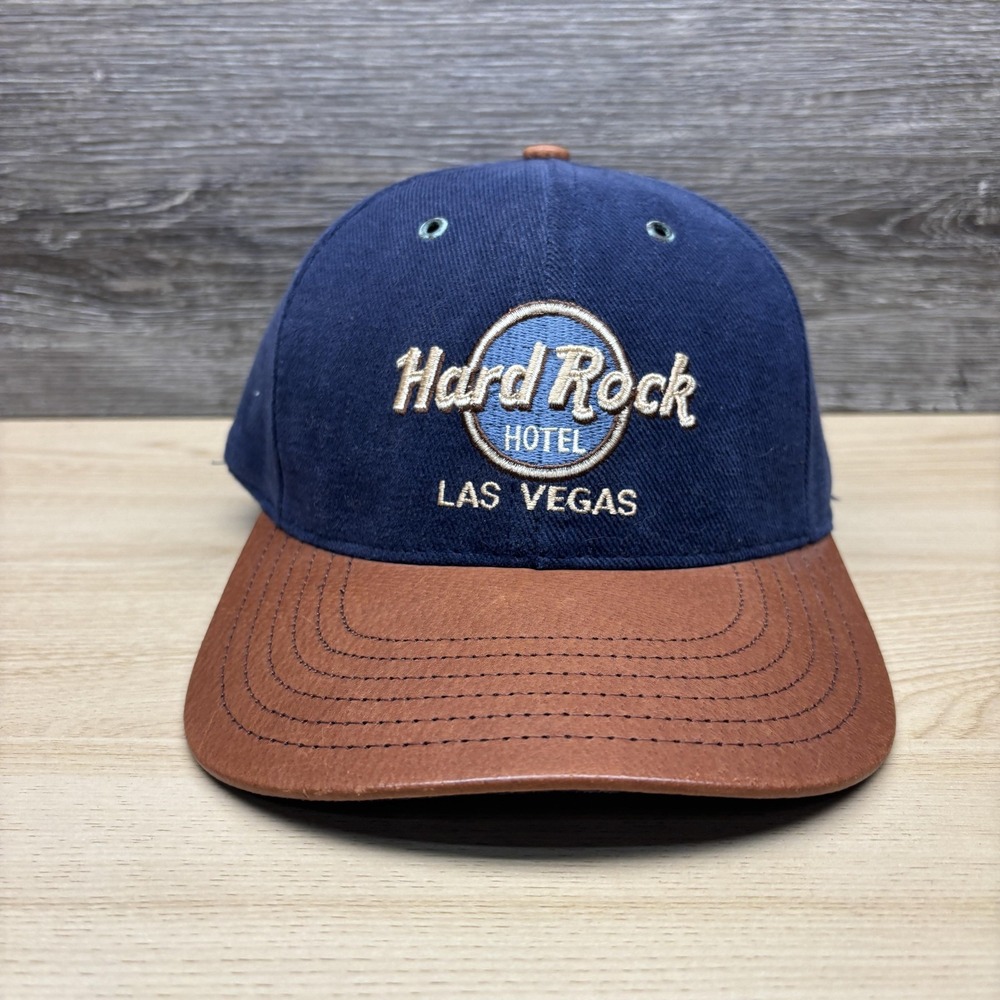 Vintage Hard Rock Hotel Las Vegas Hat Cap Strap Back Blue Faux Leather Bill USA